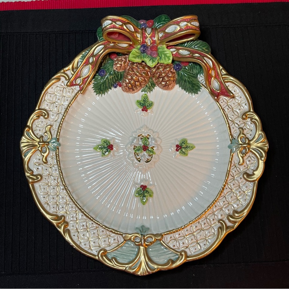Fitz and Lloyd Florentine Christmas Ribbon and Pinecone Holiday Canapé Plate